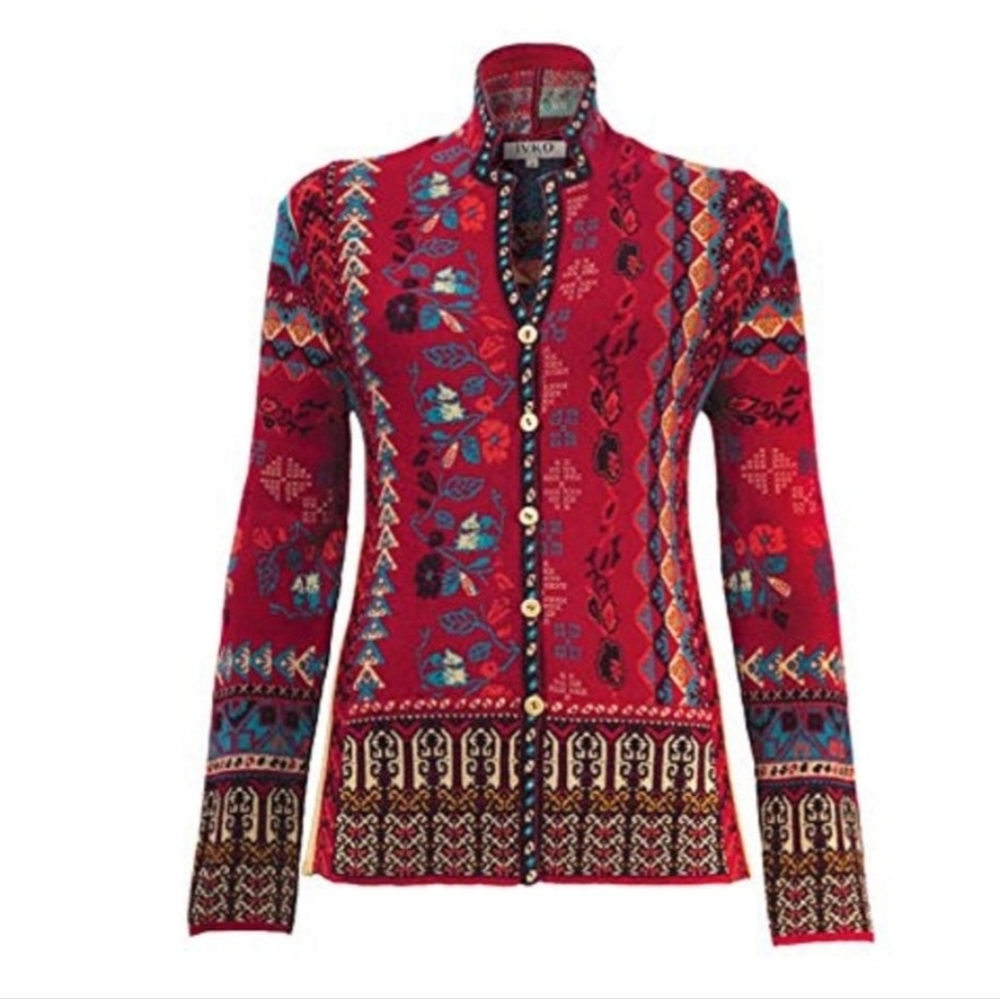 IVKO Wool Jacquard Red Pattern Cardigan Sweater
